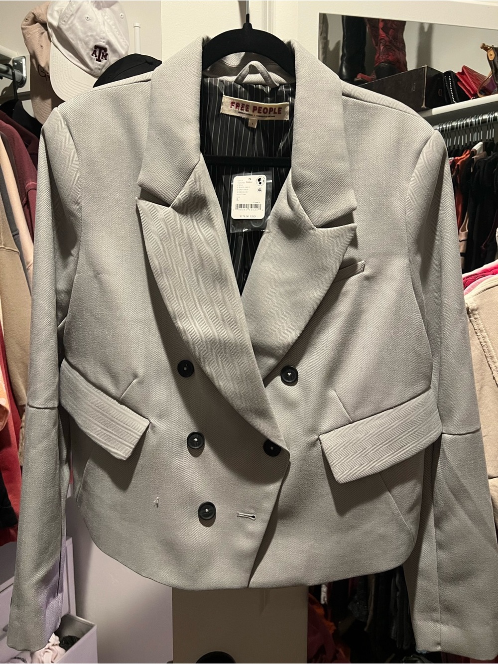 Free People Double-Breasted Light Gray Blazer Jacket